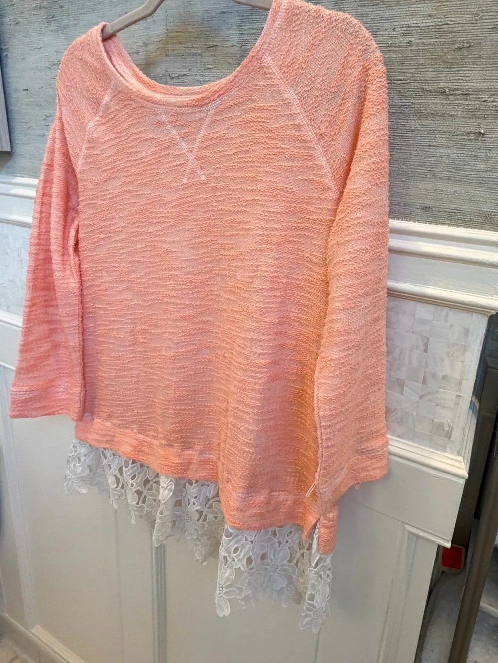 Anthropologie Sunday in Brooklyn lace hem sweater peach pull over top medium